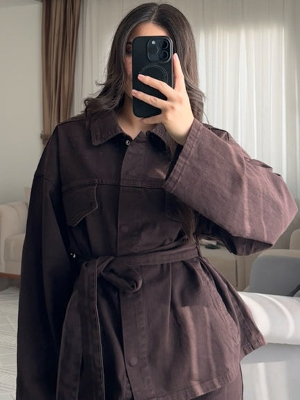 Brown Lace-up Casual Two-piece Suit
