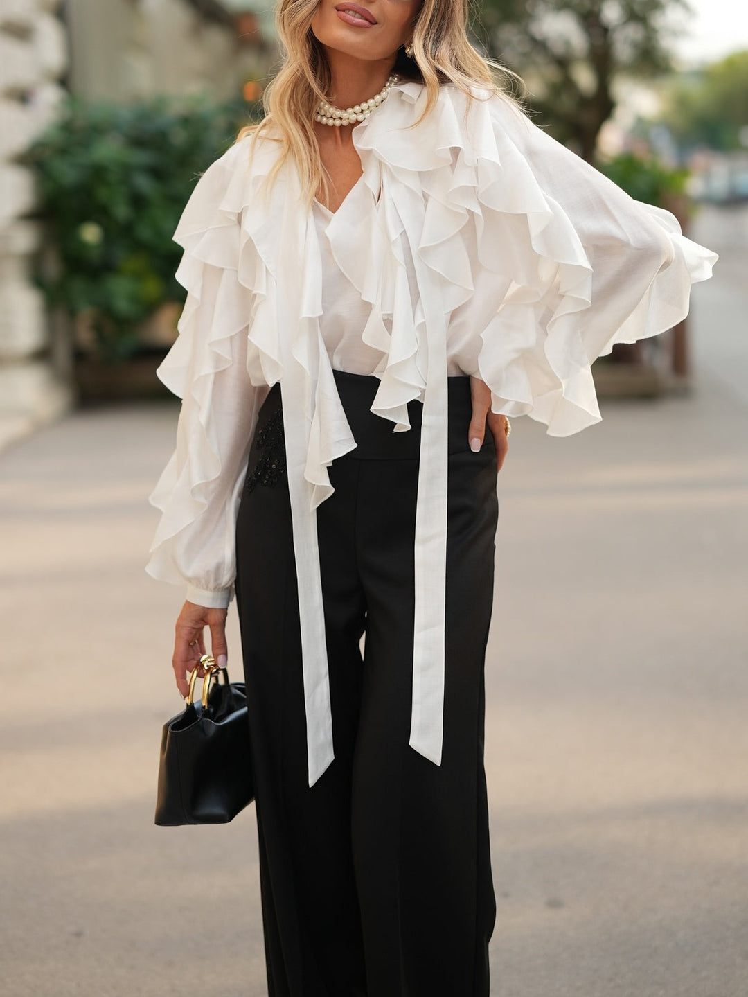 Elegant White Layered Shirt And Black Wide-leg Pants Two-piece Set
