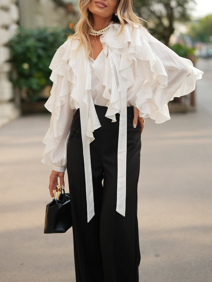 Elegant White Layered Shirt And Black Wide-leg Pants Two-piece Set