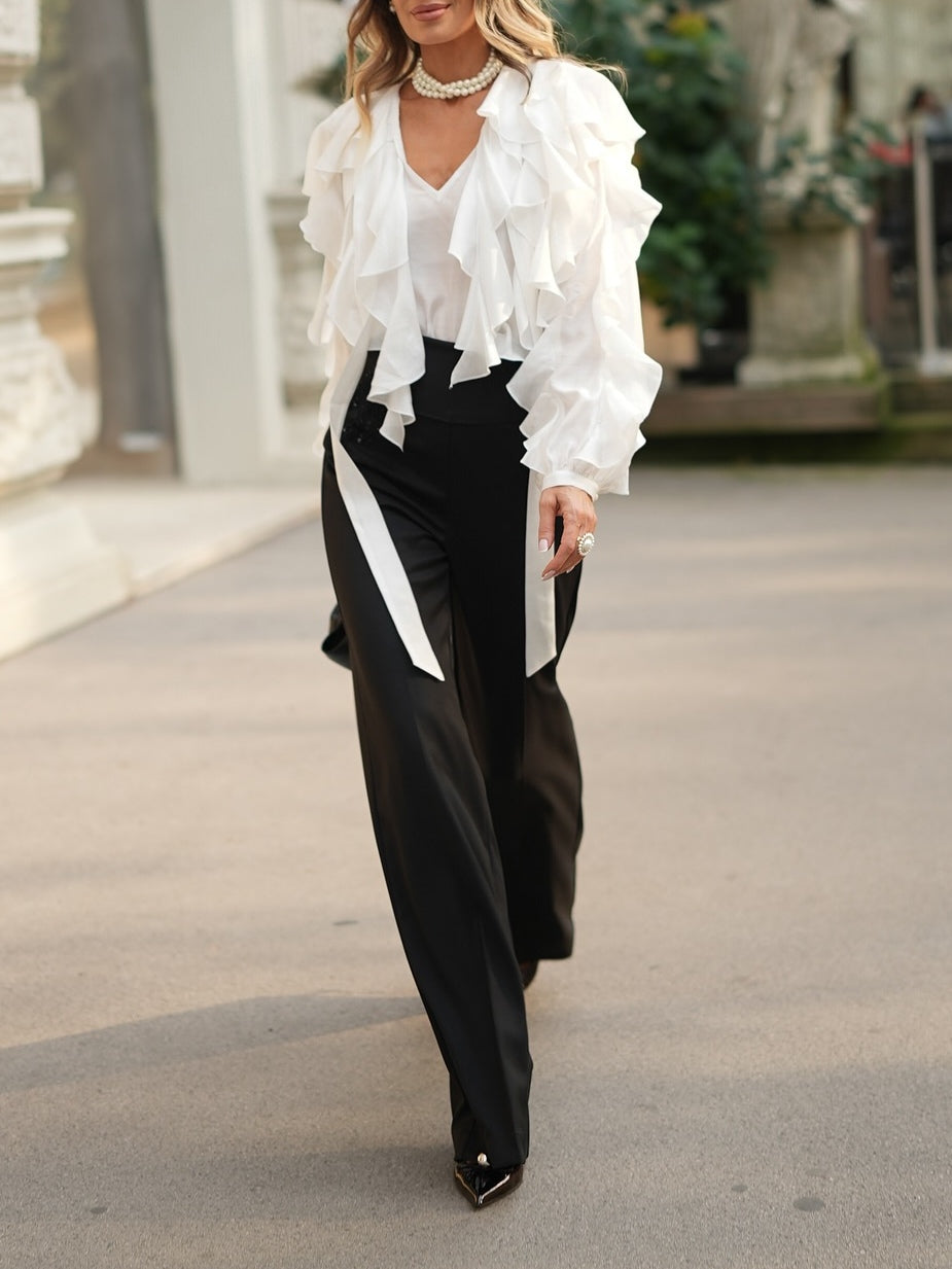 Elegant White Layered Shirt And Black Wide-leg Pants Two-piece Set