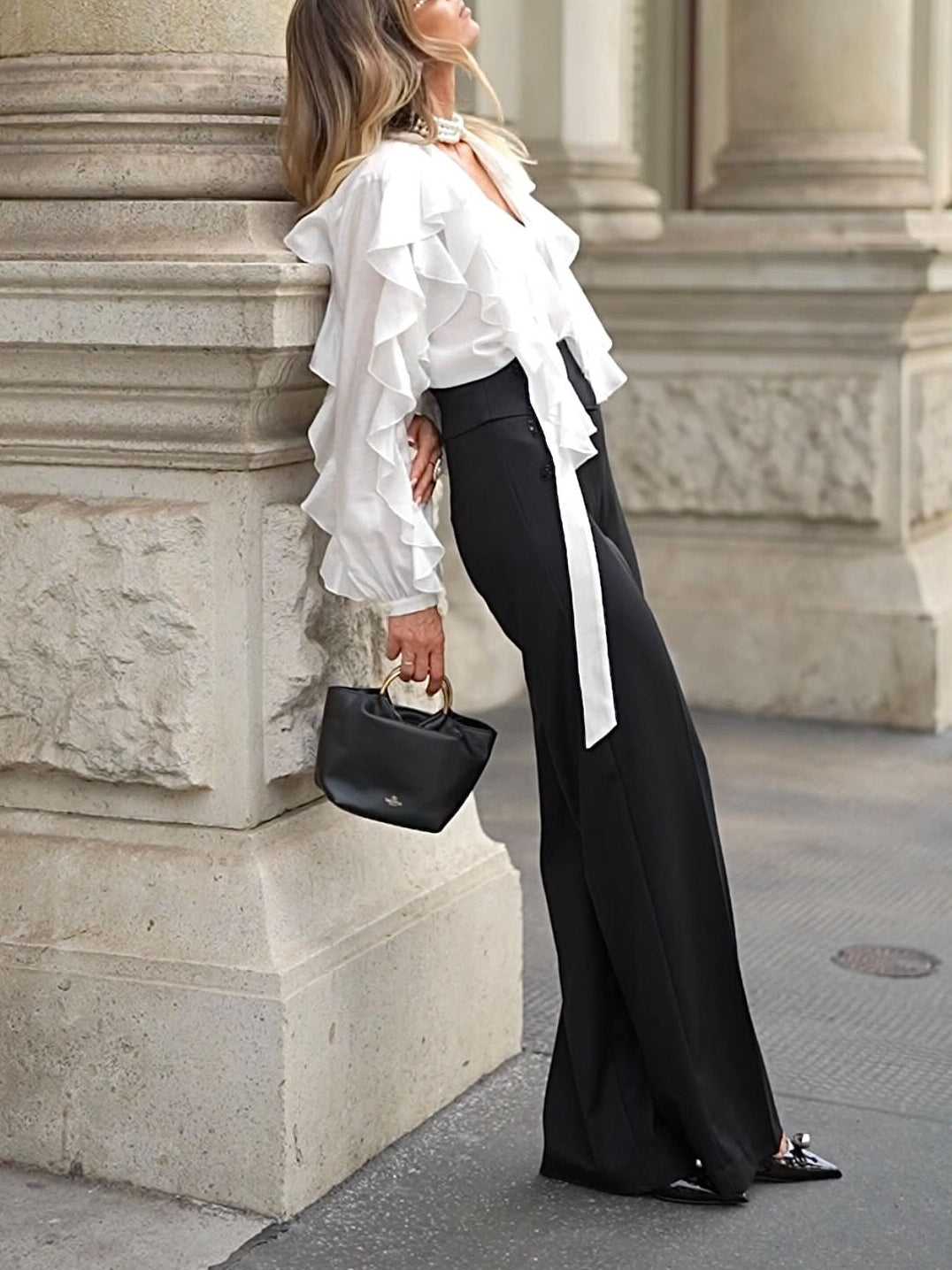 Elegant White Layered Shirt And Black Wide-leg Pants Two-piece Set