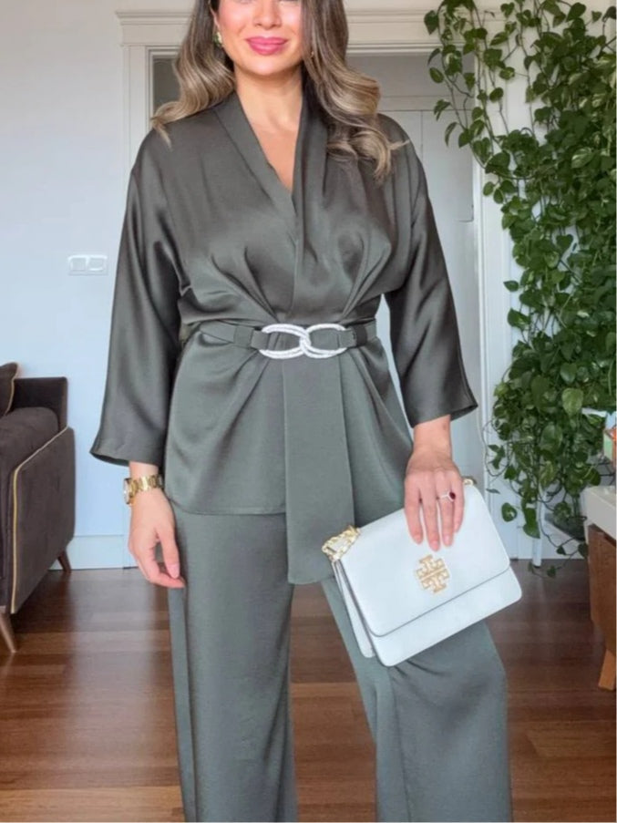 V-neck satin flowy wide-leg pants suit