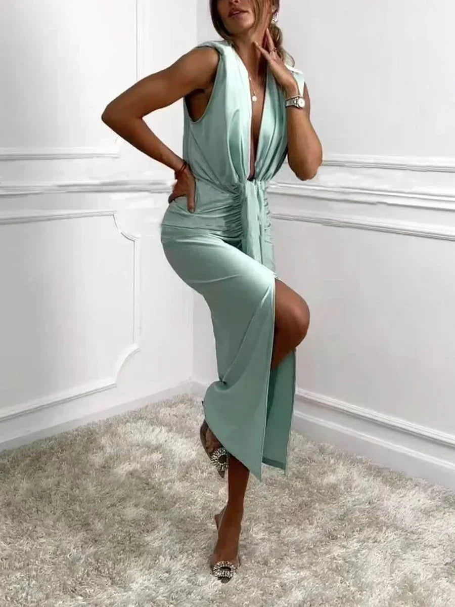 Daisy - Classic Midi Dress With Ruched Draped Slit