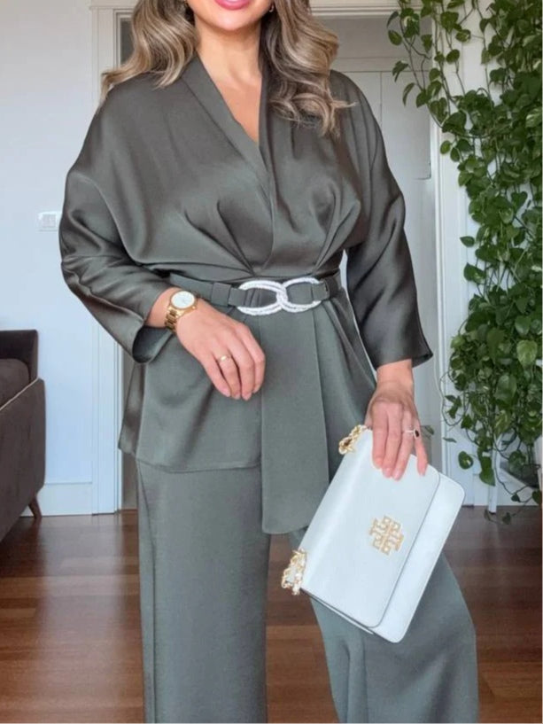 V-neck satin flowy wide-leg pants suit