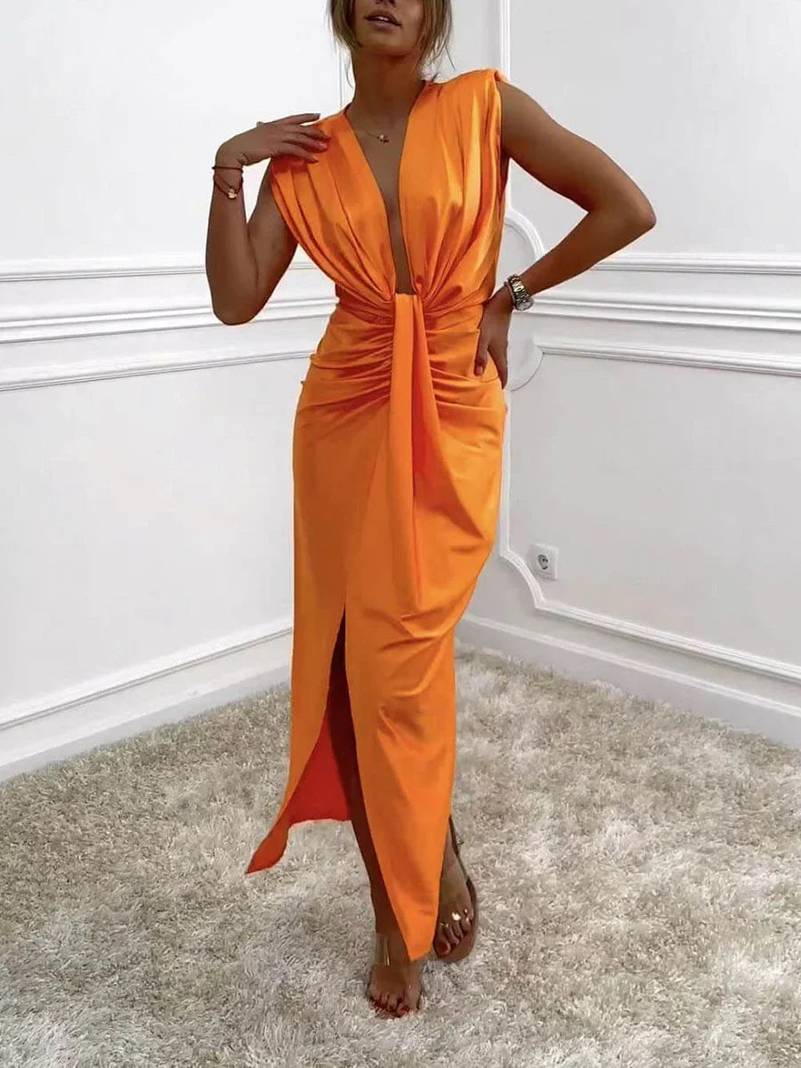 Daisy - Classic Midi Dress With Ruched Draped Slit