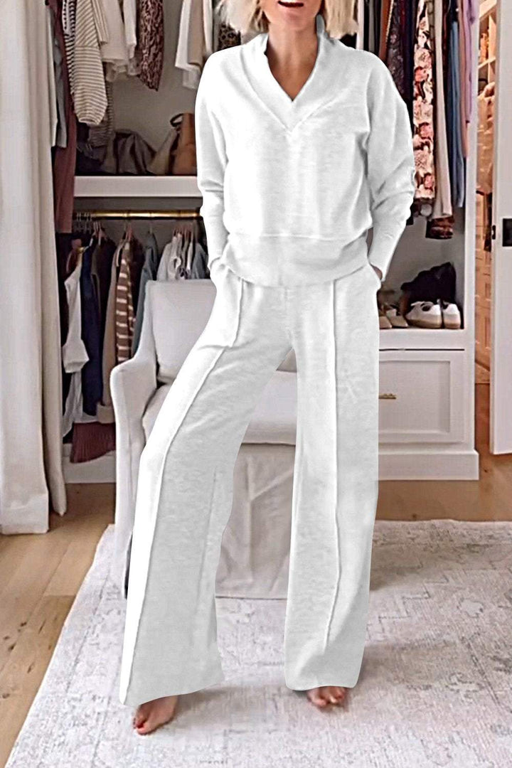 Solid Color V-neck Top & Pants Two-piece Set