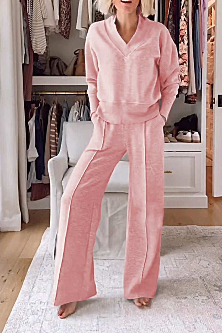Solid Color V-neck Top & Pants Two-piece Set