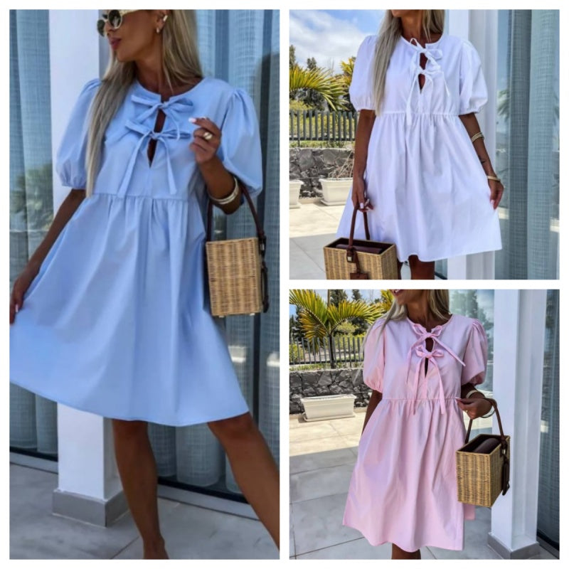 Oana – Puff Sleeve Dress with Bow Detail
