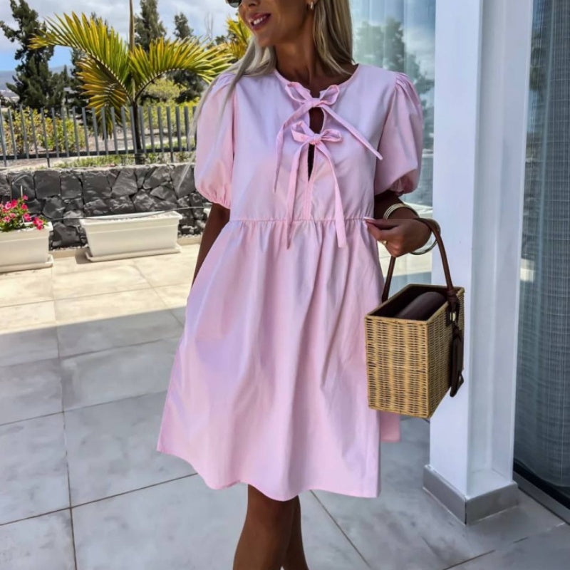 Oana – Puff Sleeve Dress with Bow Detail