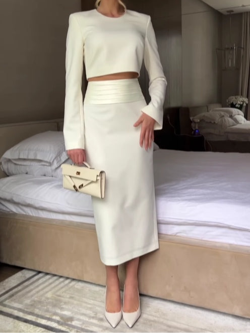 White long-sleeved top and skirt suit