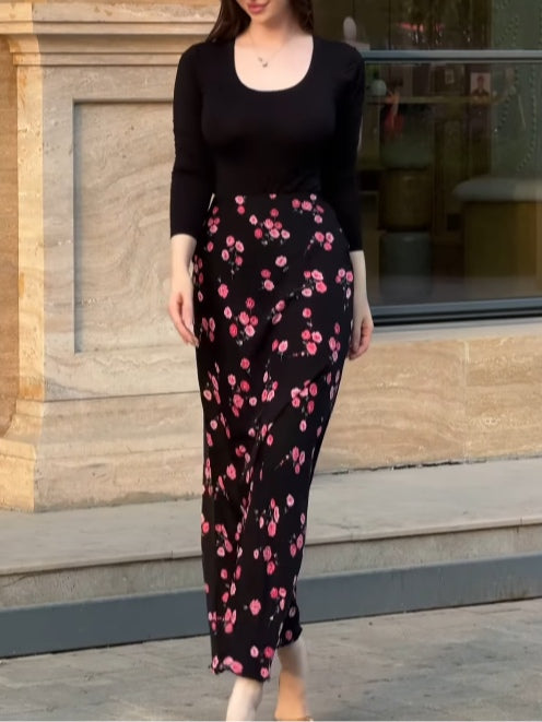 Round neck long-sleeved top and printed skirt suit