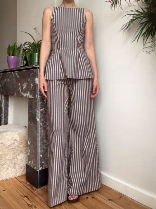Brown Striped Sleeveless Trouser Set