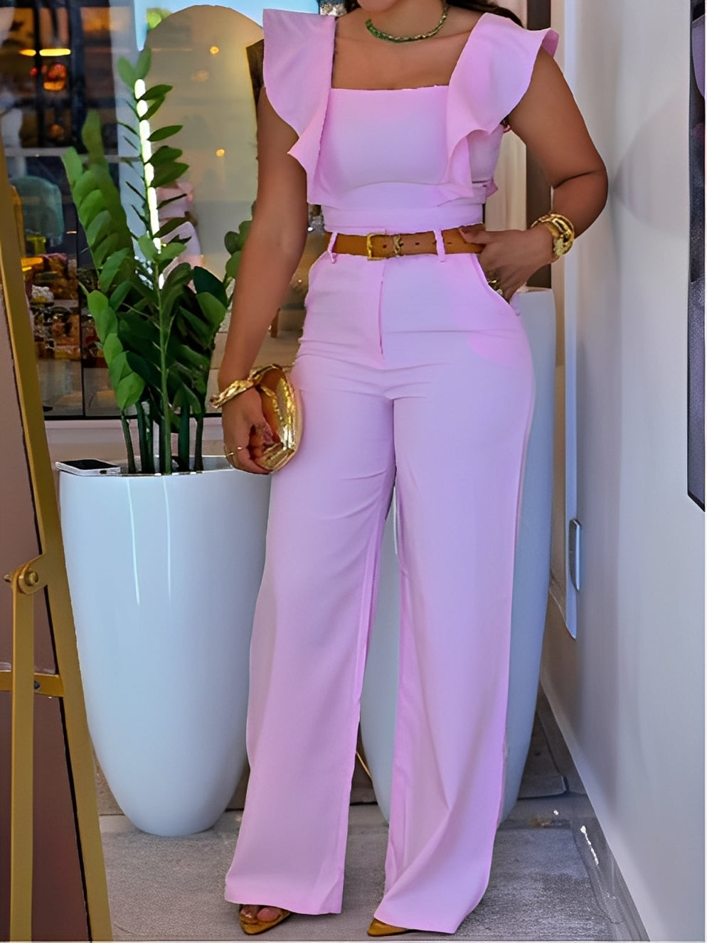 Lotus leaf sleeve vest and trousers suit