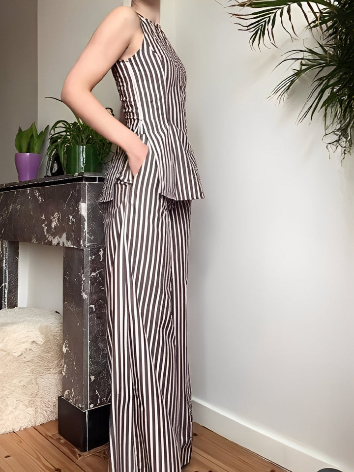Brown Striped Sleeveless Trouser Set