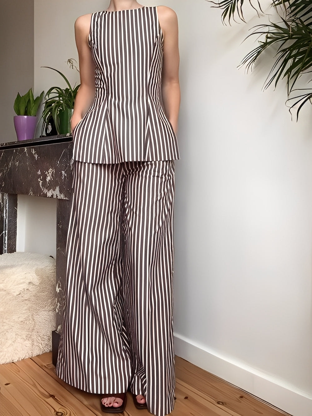 Brown Striped Sleeveless Trouser Set