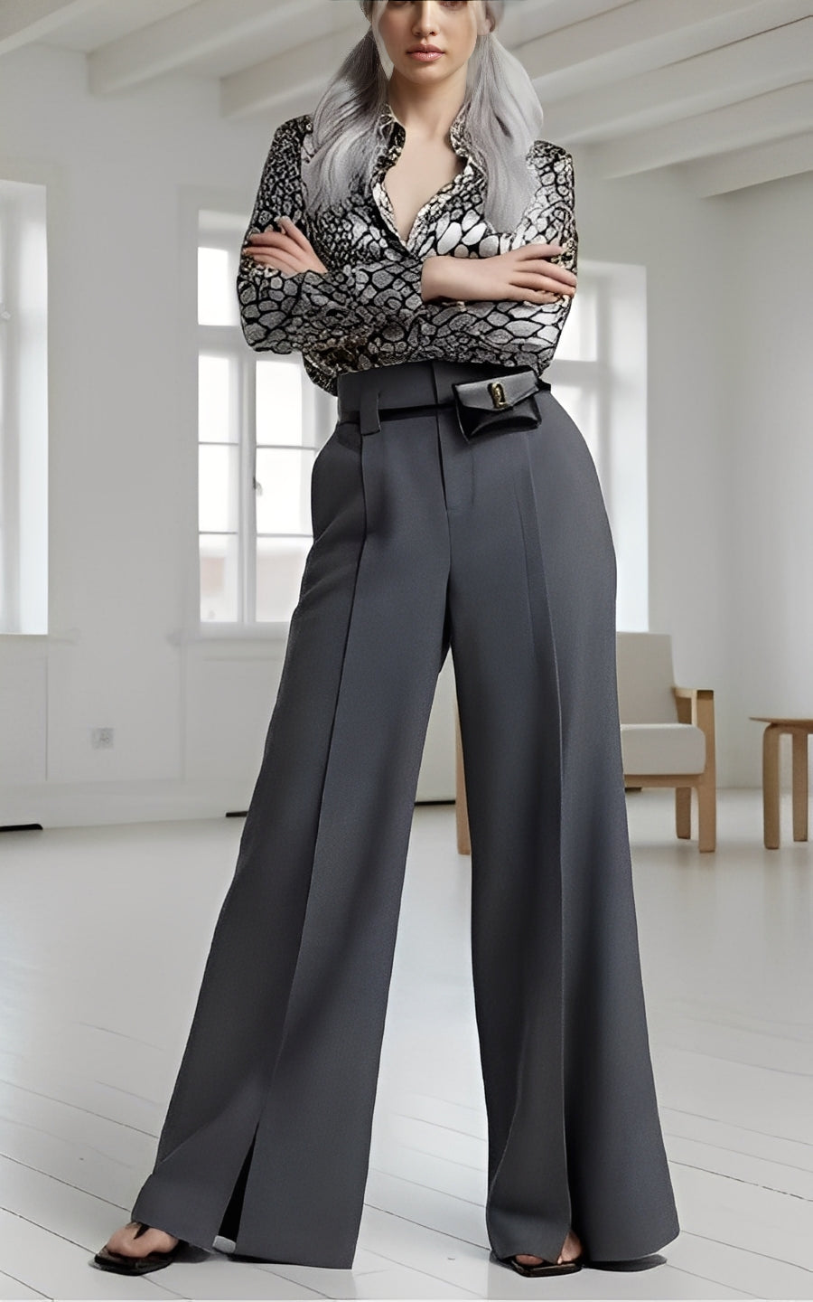 Snake print shirt and gray trousers set