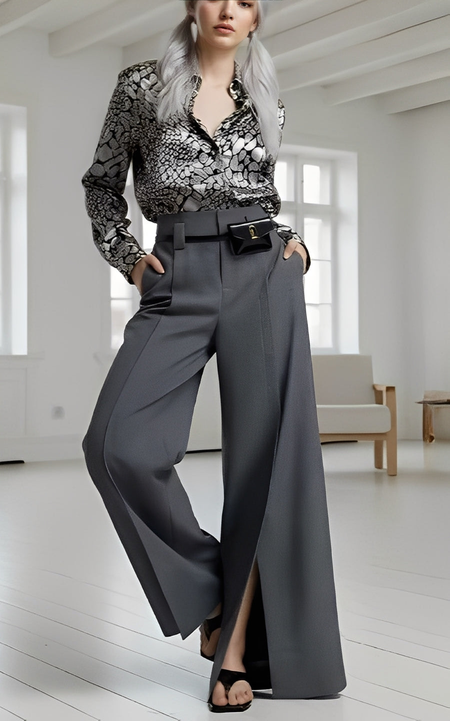 Snake print shirt and gray trousers set