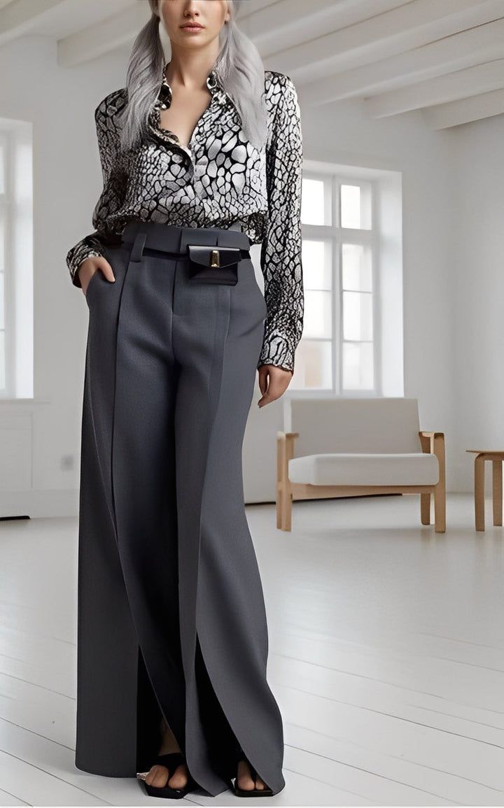 Snake print shirt and gray trousers set