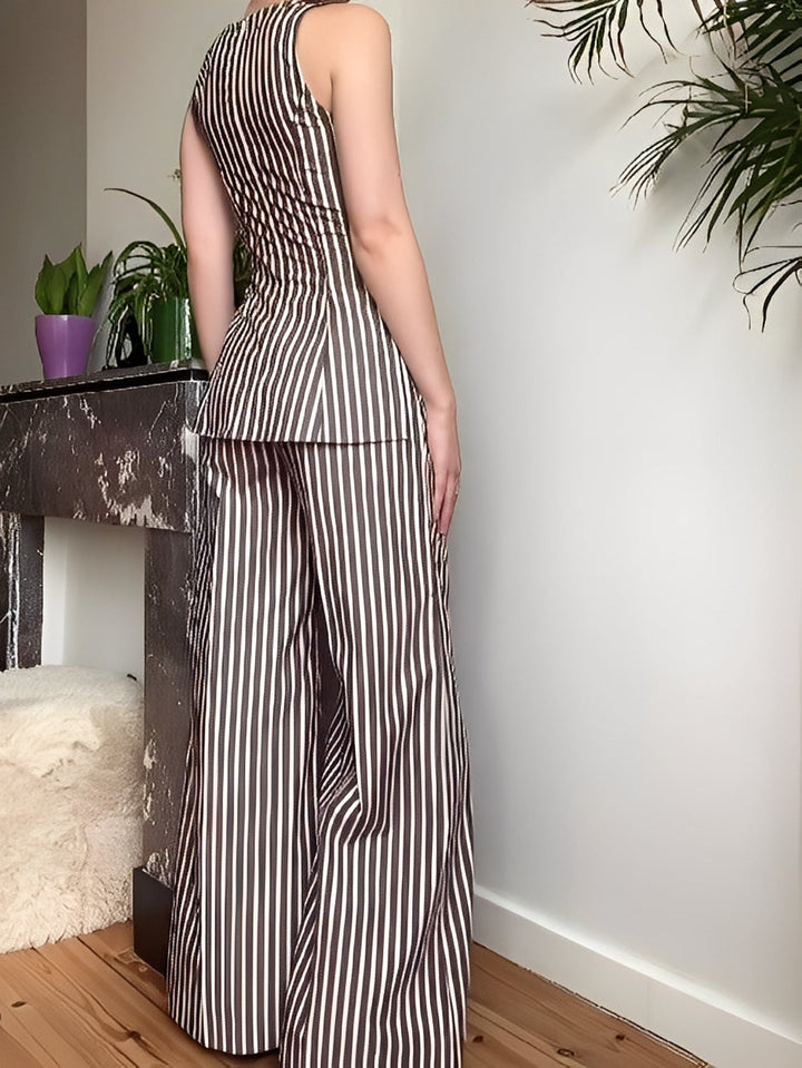 Brown Striped Sleeveless Trouser Set