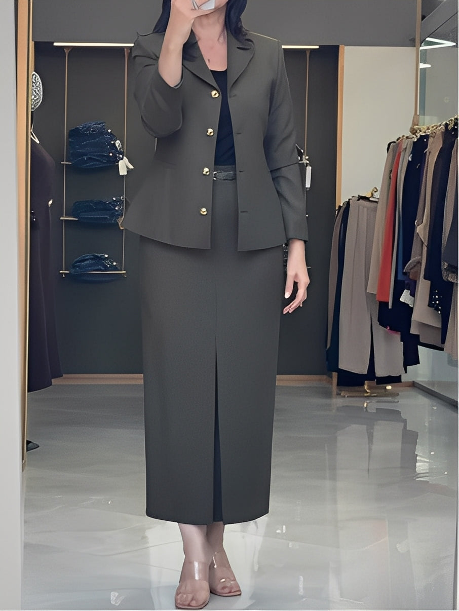 Olive green suit jacket and skirt commuter suit