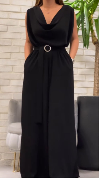 Swing collar sleeveless wide-leg jumpsuit